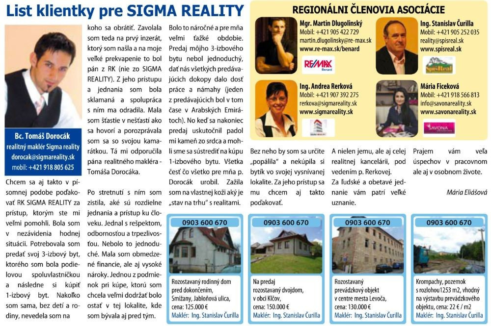 List klientky pre SIGMA REALITY